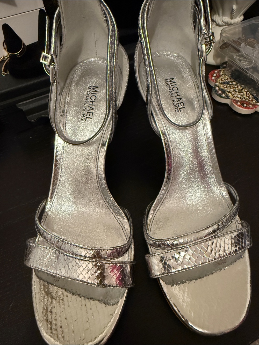 Michael Kors Silver Metallic Snake-Texture Slingback Heels